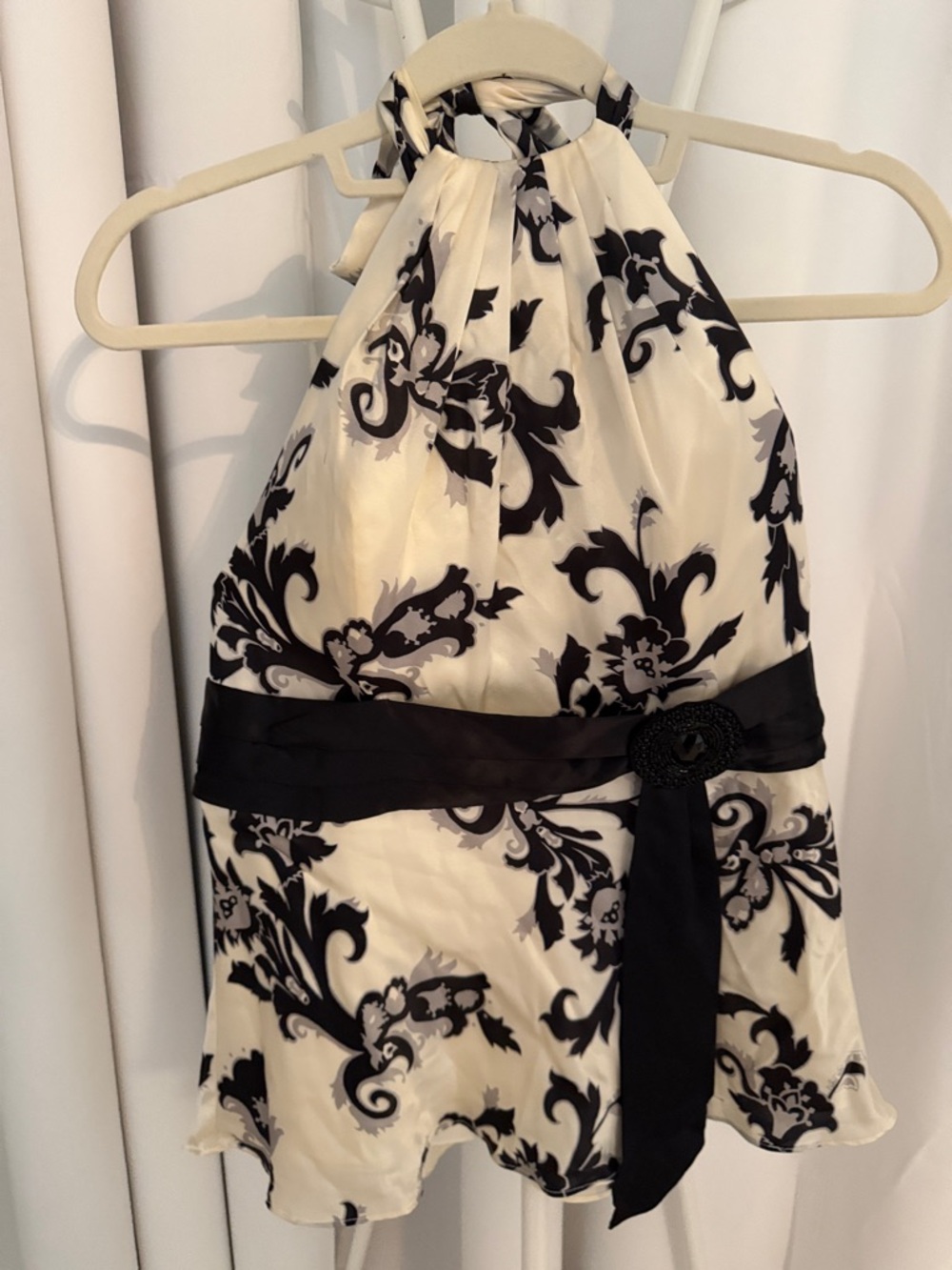 White House Black Market Black and Cream Halter Top with Sash